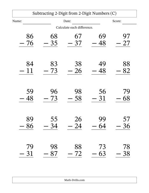 The Subtracting 2-Digit from 2-Digit Numbers With No Regrouping (25 Questions) Large Print (C) Math Worksheet