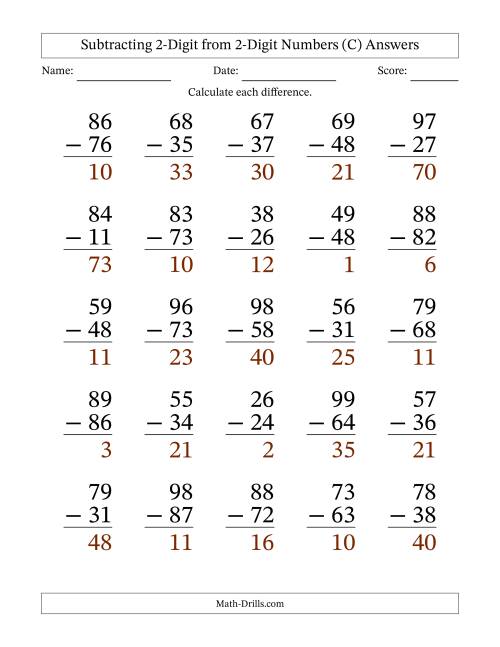 The Subtracting 2-Digit from 2-Digit Numbers With No Regrouping (25 Questions) Large Print (C) Math Worksheet Page 2