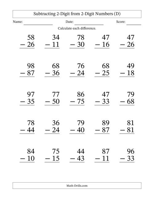 The Subtracting 2-Digit from 2-Digit Numbers With No Regrouping (25 Questions) Large Print (D) Math Worksheet