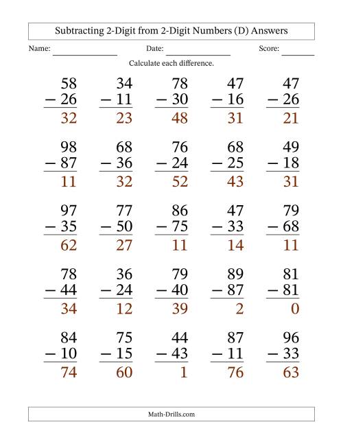 The Subtracting 2-Digit from 2-Digit Numbers With No Regrouping (25 Questions) Large Print (D) Math Worksheet Page 2