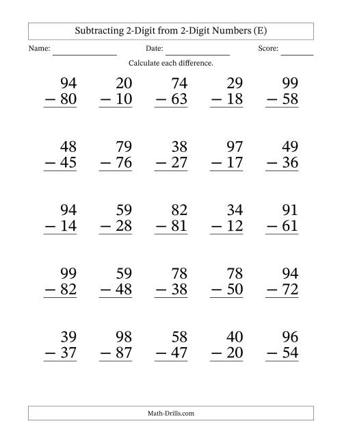 The Subtracting 2-Digit from 2-Digit Numbers With No Regrouping (25 Questions) Large Print (E) Math Worksheet