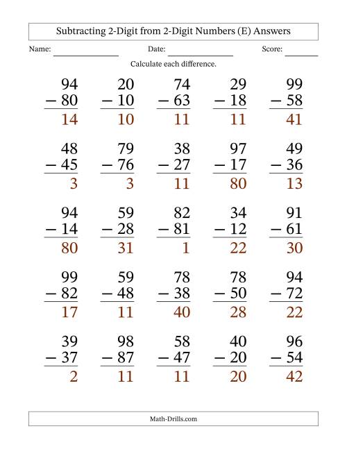 The Subtracting 2-Digit from 2-Digit Numbers With No Regrouping (25 Questions) Large Print (E) Math Worksheet Page 2
