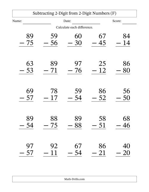 The Subtracting 2-Digit from 2-Digit Numbers With No Regrouping (25 Questions) Large Print (F) Math Worksheet
