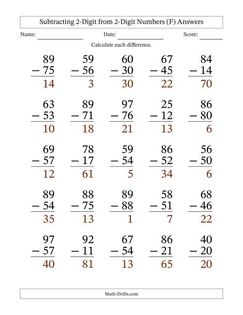 The Subtracting 2-Digit from 2-Digit Numbers With No Regrouping (25 Questions) Large Print (F) Math Worksheet Page 2