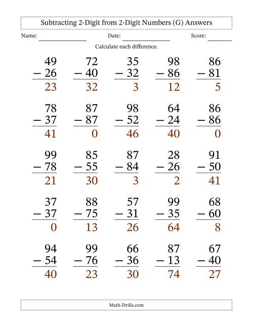 The Subtracting 2-Digit from 2-Digit Numbers With No Regrouping (25 Questions) Large Print (G) Math Worksheet Page 2