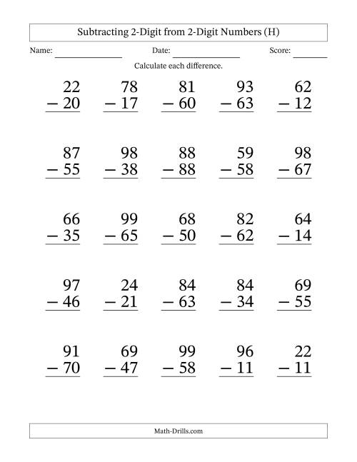 The Subtracting 2-Digit from 2-Digit Numbers With No Regrouping (25 Questions) Large Print (H) Math Worksheet