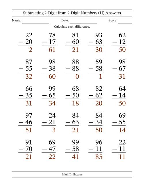 The Subtracting 2-Digit from 2-Digit Numbers With No Regrouping (25 Questions) Large Print (H) Math Worksheet Page 2