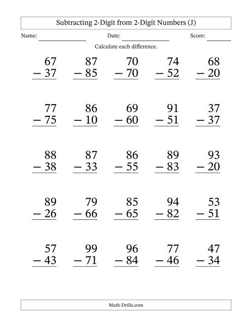 The Subtracting 2-Digit from 2-Digit Numbers With No Regrouping (25 Questions) Large Print (J) Math Worksheet