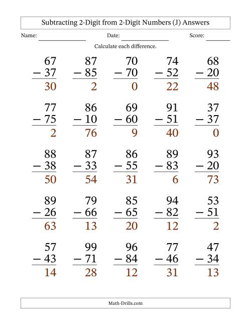 The Subtracting 2-Digit from 2-Digit Numbers With No Regrouping (25 Questions) Large Print (J) Math Worksheet Page 2