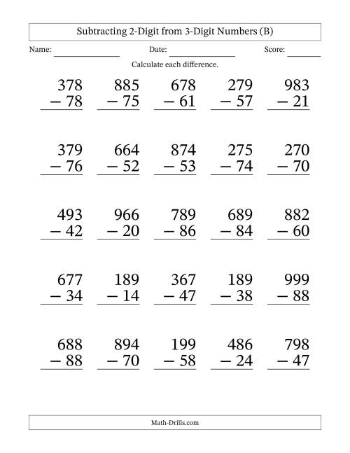 The Subtracting 2-Digit from 3-Digit Numbers With No Regrouping (25 Questions) Large Print (B) Math Worksheet