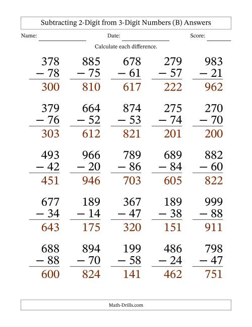 The Subtracting 2-Digit from 3-Digit Numbers With No Regrouping (25 Questions) Large Print (B) Math Worksheet Page 2