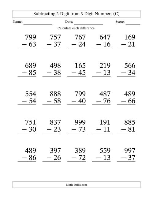 The Subtracting 2-Digit from 3-Digit Numbers With No Regrouping (25 Questions) Large Print (C) Math Worksheet