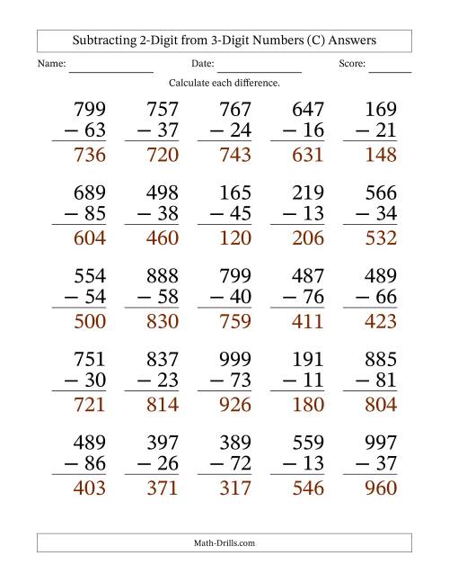 The Subtracting 2-Digit from 3-Digit Numbers With No Regrouping (25 Questions) Large Print (C) Math Worksheet Page 2