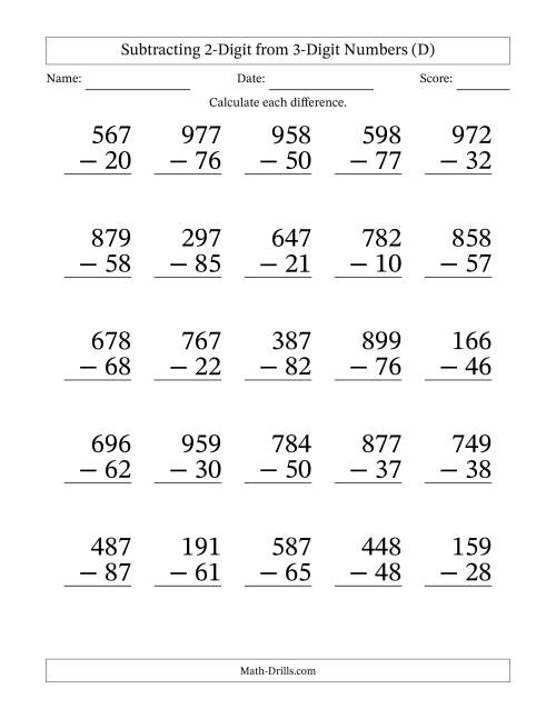 The Subtracting 2-Digit from 3-Digit Numbers With No Regrouping (25 Questions) Large Print (D) Math Worksheet