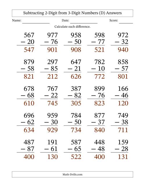 The Subtracting 2-Digit from 3-Digit Numbers With No Regrouping (25 Questions) Large Print (D) Math Worksheet Page 2