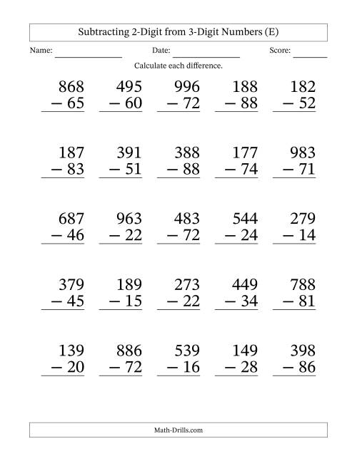 The Subtracting 2-Digit from 3-Digit Numbers With No Regrouping (25 Questions) Large Print (E) Math Worksheet