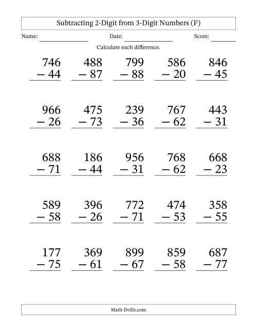 The Subtracting 2-Digit from 3-Digit Numbers With No Regrouping (25 Questions) Large Print (F) Math Worksheet