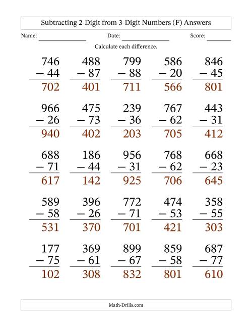 The Subtracting 2-Digit from 3-Digit Numbers With No Regrouping (25 Questions) Large Print (F) Math Worksheet Page 2