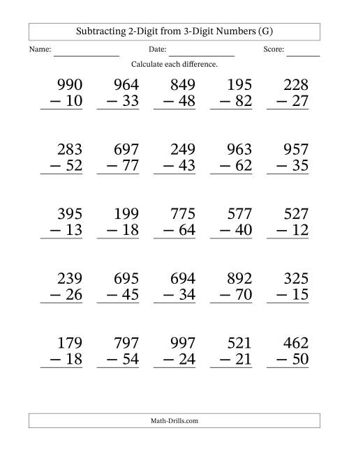 The Subtracting 2-Digit from 3-Digit Numbers With No Regrouping (25 Questions) Large Print (G) Math Worksheet