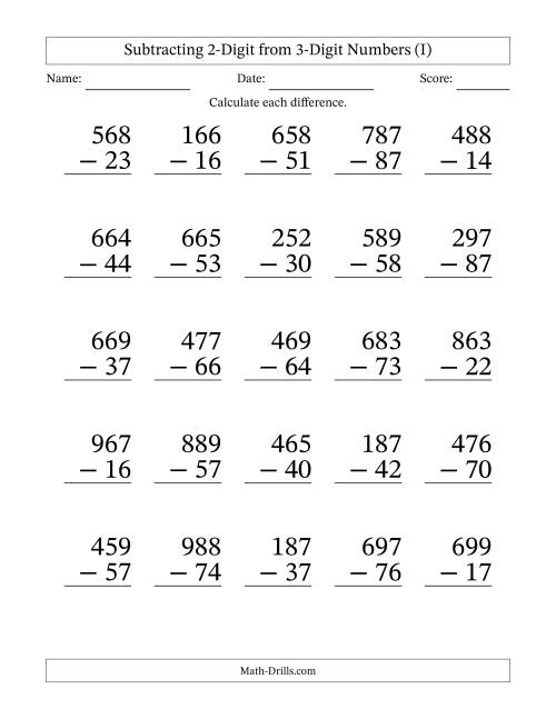 The Subtracting 2-Digit from 3-Digit Numbers With No Regrouping (25 Questions) Large Print (I) Math Worksheet