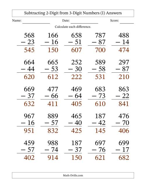 The Subtracting 2-Digit from 3-Digit Numbers With No Regrouping (25 Questions) Large Print (I) Math Worksheet Page 2