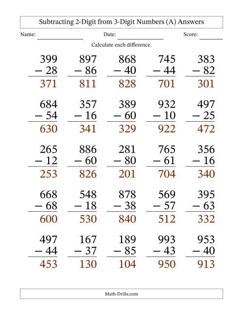 The Subtracting 2-Digit from 3-Digit Numbers With No Regrouping (25 Questions) Large Print (All) Math Worksheet Page 2