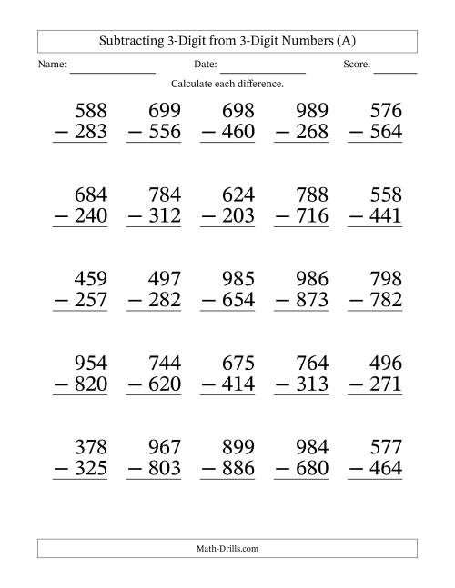 The Large Print 3-Digit Minus 3-Digit Subtraction with NO Regrouping (A) Math Worksheet