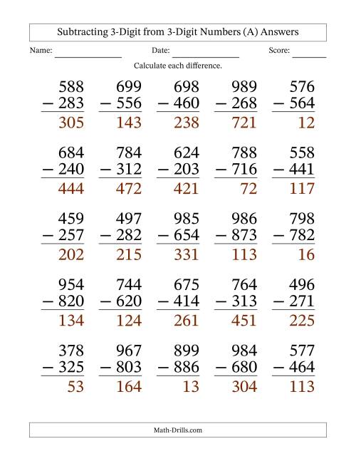 The Subtracting 3-Digit from 3-Digit Numbers With No Regrouping (25 Questions) Large Print (A) Math Worksheet Page 2