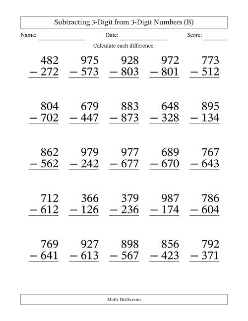 The Large Print 3-Digit Minus 3-Digit Subtraction with NO Regrouping (B) Math Worksheet