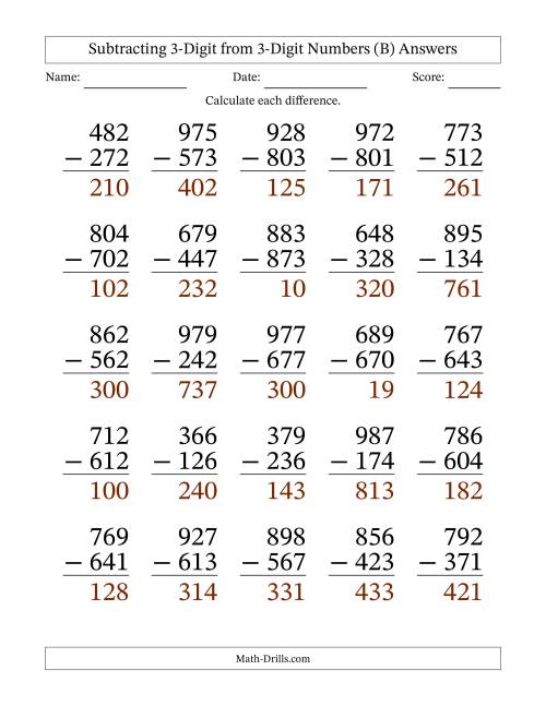 The Large Print 3-Digit Minus 3-Digit Subtraction with NO Regrouping (B) Math Worksheet Page 2