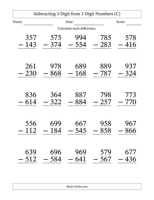 The Subtracting 3-Digit from 3-Digit Numbers With No Regrouping (25 Questions) Large Print (C) Math Worksheet