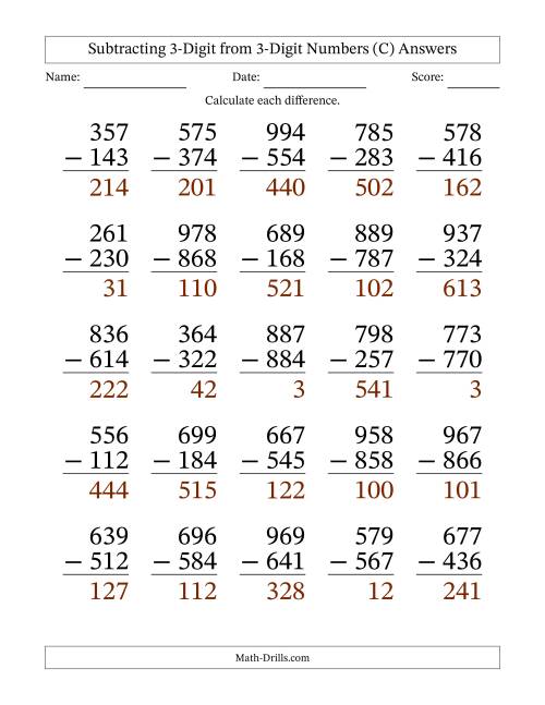 The Subtracting 3-Digit from 3-Digit Numbers With No Regrouping (25 Questions) Large Print (C) Math Worksheet Page 2
