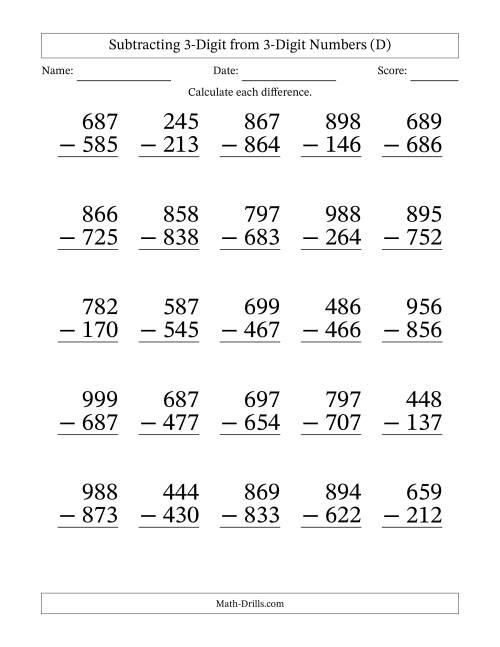 The Large Print 3-Digit Minus 3-Digit Subtraction with NO Regrouping (D) Math Worksheet