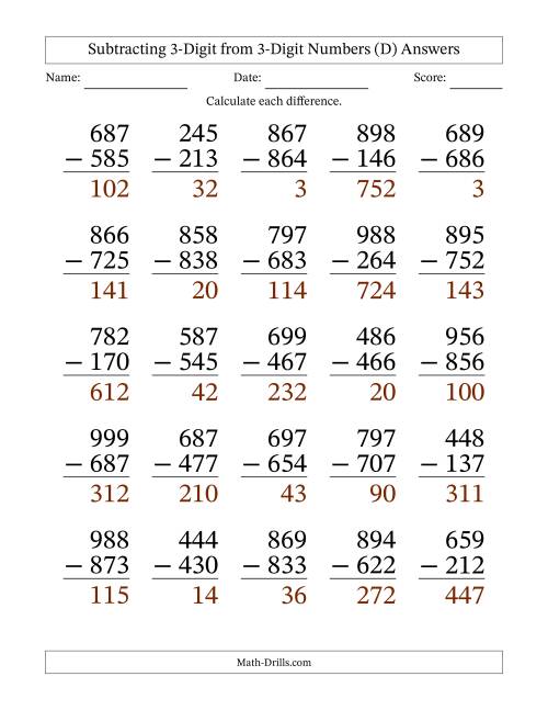 The Large Print 3-Digit Minus 3-Digit Subtraction with NO Regrouping (D) Math Worksheet Page 2