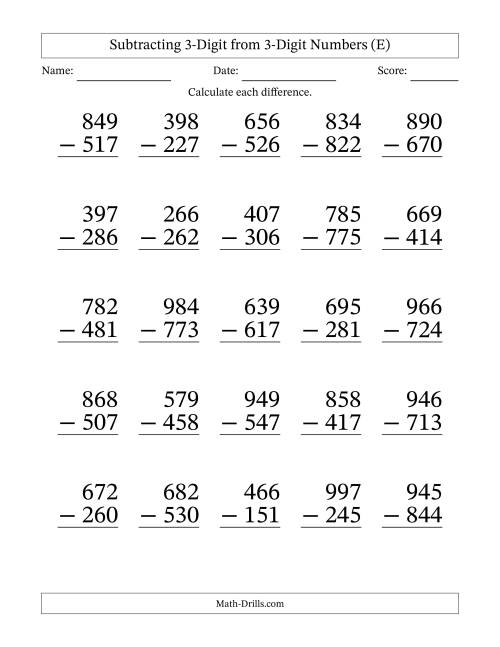 The Large Print 3-Digit Minus 3-Digit Subtraction with NO Regrouping (E) Math Worksheet