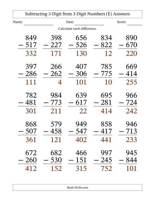 The Large Print 3-Digit Minus 3-Digit Subtraction with NO Regrouping (E) Math Worksheet Page 2