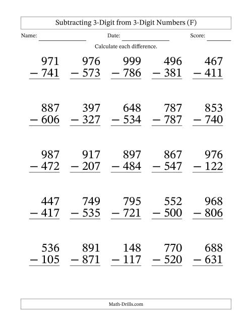 The Subtracting 3-Digit from 3-Digit Numbers With No Regrouping (25 Questions) Large Print (F) Math Worksheet