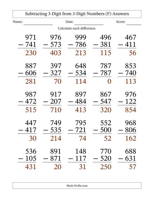The Subtracting 3-Digit from 3-Digit Numbers With No Regrouping (25 Questions) Large Print (F) Math Worksheet Page 2