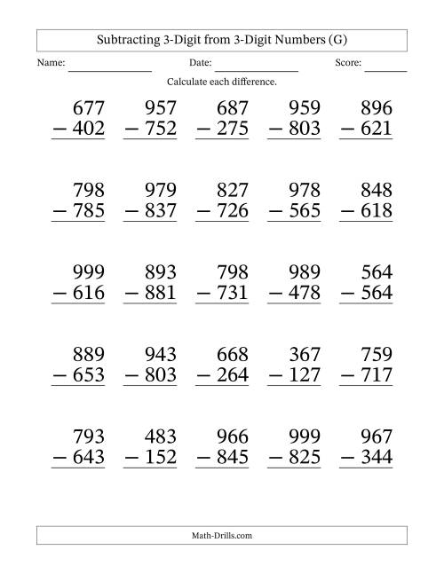 The Subtracting 3-Digit from 3-Digit Numbers With No Regrouping (25 Questions) Large Print (G) Math Worksheet