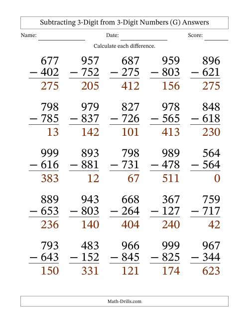 The Subtracting 3-Digit from 3-Digit Numbers With No Regrouping (25 Questions) Large Print (G) Math Worksheet Page 2