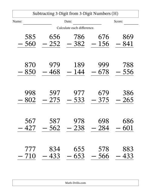 The Subtracting 3-Digit from 3-Digit Numbers With No Regrouping (25 Questions) Large Print (H) Math Worksheet