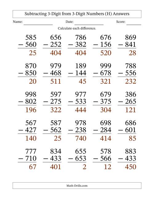 The Subtracting 3-Digit from 3-Digit Numbers With No Regrouping (25 Questions) Large Print (H) Math Worksheet Page 2