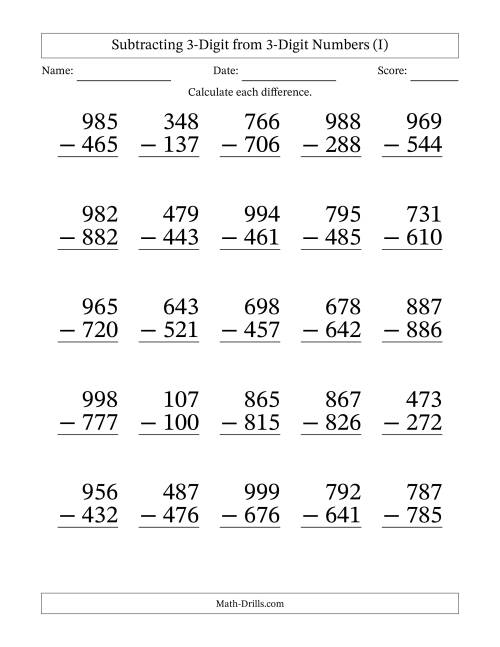 The Large Print 3-Digit Minus 3-Digit Subtraction with NO Regrouping (I) Math Worksheet
