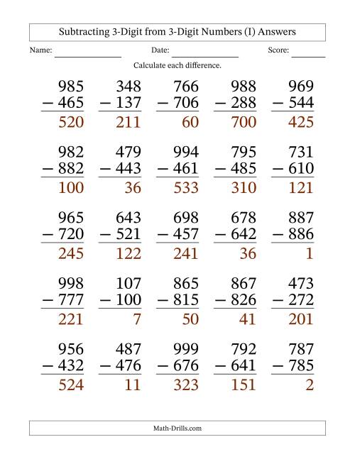 The Large Print 3-Digit Minus 3-Digit Subtraction with NO Regrouping (I) Math Worksheet Page 2