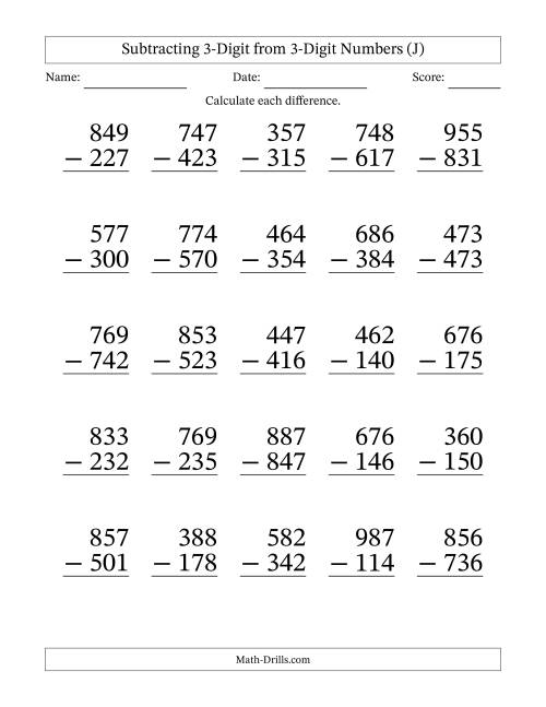 The Subtracting 3-Digit from 3-Digit Numbers With No Regrouping (25 Questions) Large Print (J) Math Worksheet
