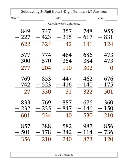 The Subtracting 3-Digit from 3-Digit Numbers With No Regrouping (25 Questions) Large Print (J) Math Worksheet Page 2