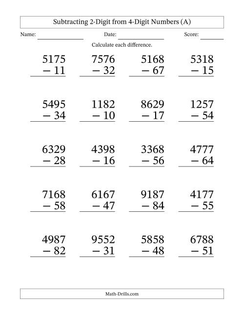 The Subtracting 2-Digit from 4-Digit Numbers With No Regrouping (20 Questions) Large Print (A) Math Worksheet