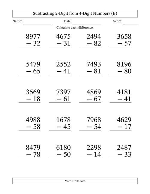 The Subtracting 2-Digit from 4-Digit Numbers With No Regrouping (20 Questions) Large Print (B) Math Worksheet
