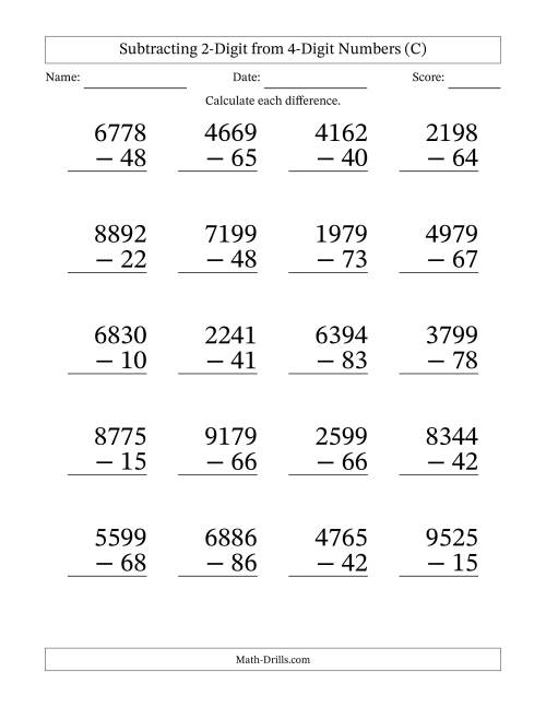 The Subtracting 2-Digit from 4-Digit Numbers With No Regrouping (20 Questions) Large Print (C) Math Worksheet