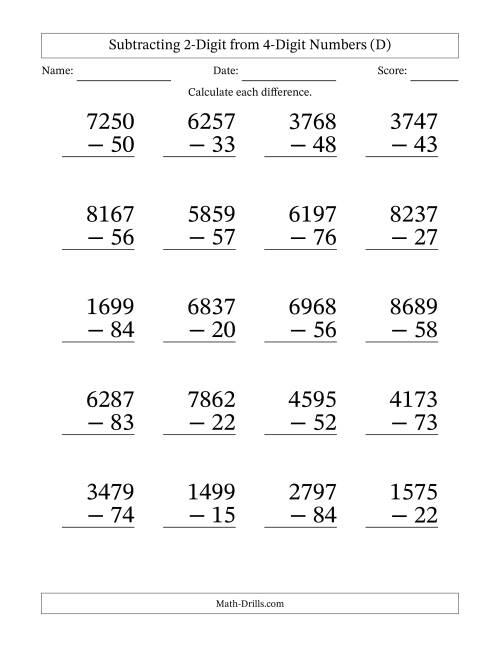 The Subtracting 2-Digit from 4-Digit Numbers With No Regrouping (20 Questions) Large Print (D) Math Worksheet